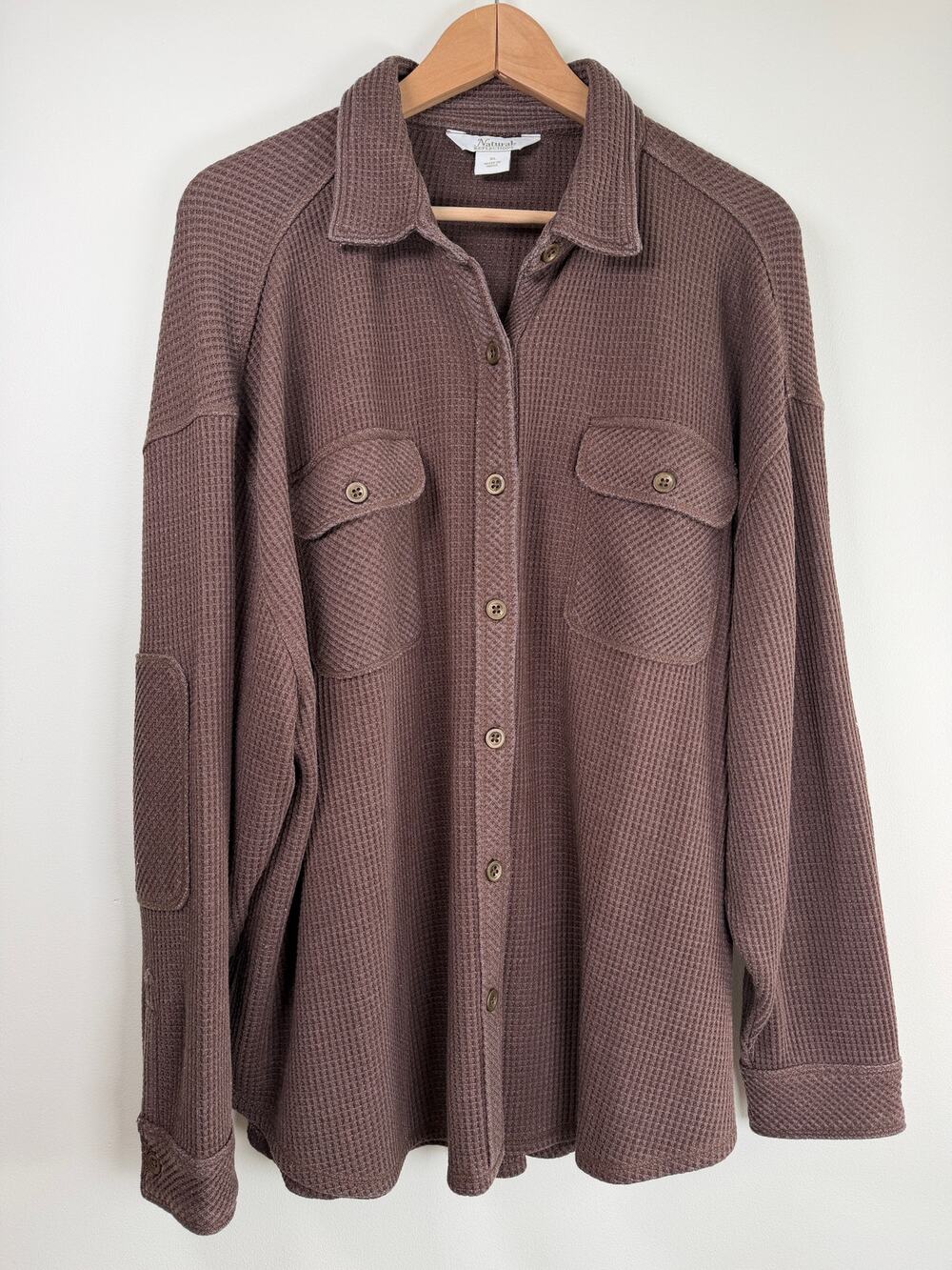 Natural Reflections Brown Waffle Knit Shacket Oversized Button Down Shirt Top XL